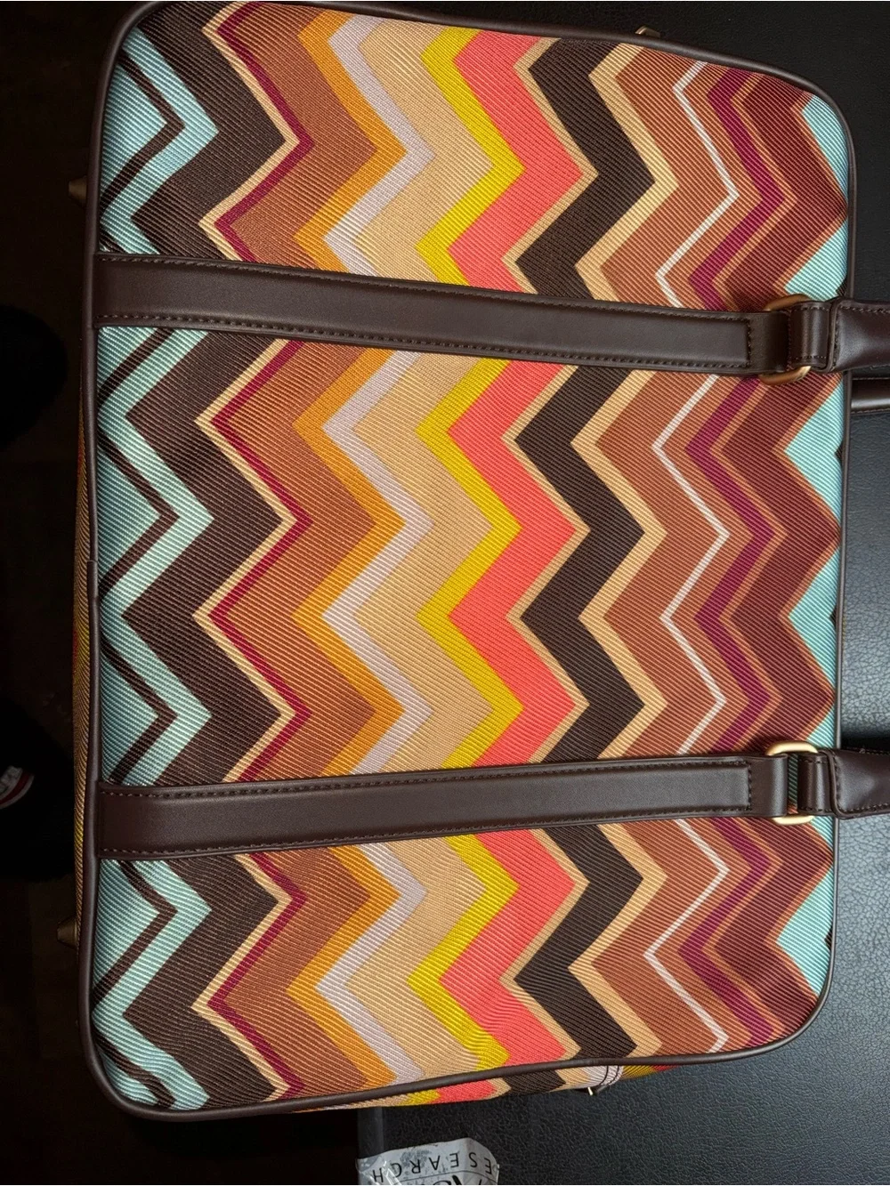 Chevron Pattern Brown Leather-Trim Travel Tote - women